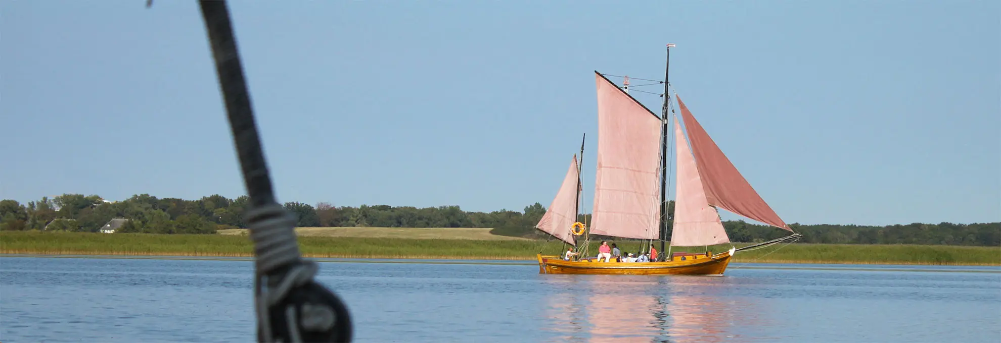Ein lokaltypisches Zeesenboot mit braunen Segeln auf dem ruhigen Wasser des Boddens