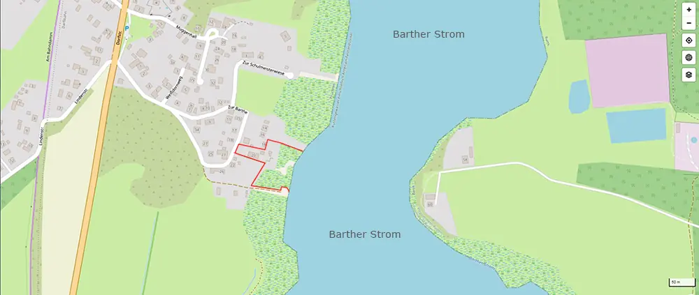 Lage der Ferienwohnungen Luhowy direkt am Barther Strom in Pruchten